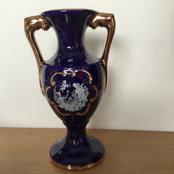 VTG Cobalt Blue 9 3/4" ceramic vase gold gild handles made in Italy white angel - Picture 1 of 9